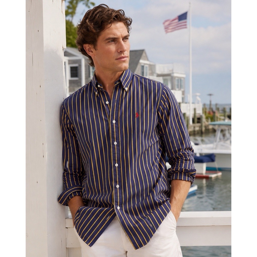 Ralph Lauren Men Shirt L Oxford Shirt Blue Yellow Striped Button Red Pony - Picture 2 of 8
